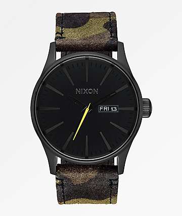 Nixon Sentry Leather Black, Camo & Volt Yellow Analog Watch