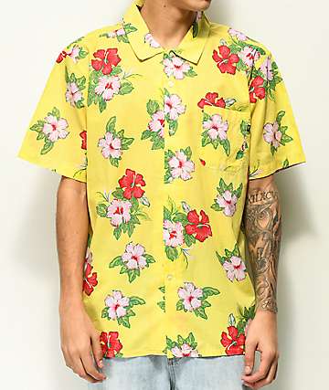 Obey Kane Yellow Tropical Floral Short Sleeve Button Up Shirt