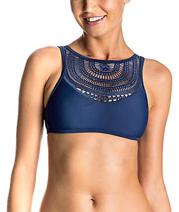 Roxy Sea Lovers Navy Crochet Crop High Neck Bikini Top