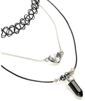 Stone + Locket Silver Heart Tattoo & Stone Choker Necklace 3 Pack