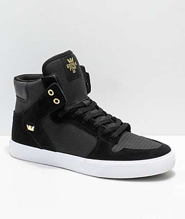 Supra Vaider Black, White, Gold, Suede & Perforated Leather Skate Shoes