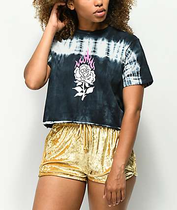 Swallows & Daggers Burning Rose Black Tie Dye Crop T-Shirt