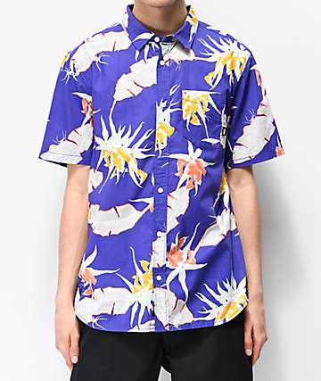 Vans Arachnofloria Purple Woven Short Sleeve Button Up Shirt