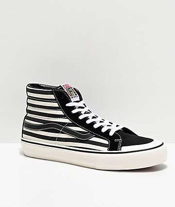 high top white vans with black stripe