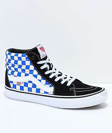 Vans Sk8-Hi Pro Victoria Blue, Black & White Checkered Skate Shoes