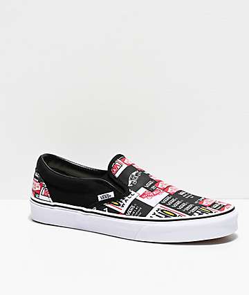 red black and white slip on vans