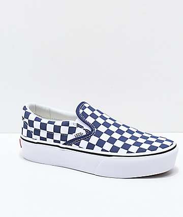 Vans Slip-On Medieval Blue & White Checkerboard Canvas Platform Skate Shoes