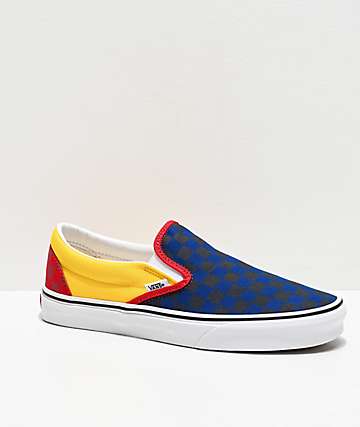 Vans Slip-On OTW Rally Navy, Yellow & Red Checkerboard Skate Shoes