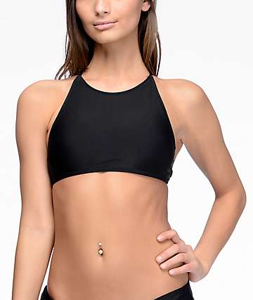 Volcom Simply Solid Crop Black High Neck Bikini Top
