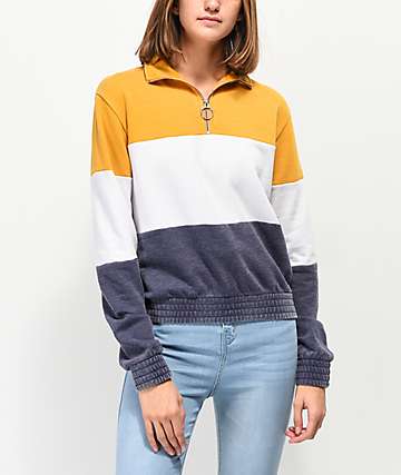 Zine Darby Yellow, White & Blue Color Block Quarter Zip Sweatshirt