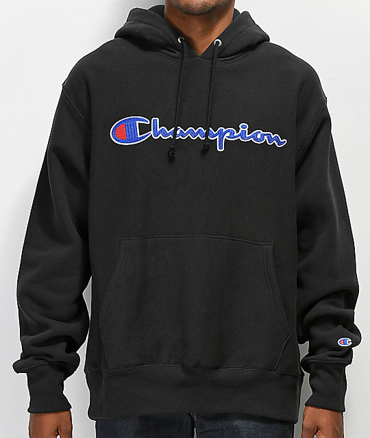 black champion sweatshirt with blue writing