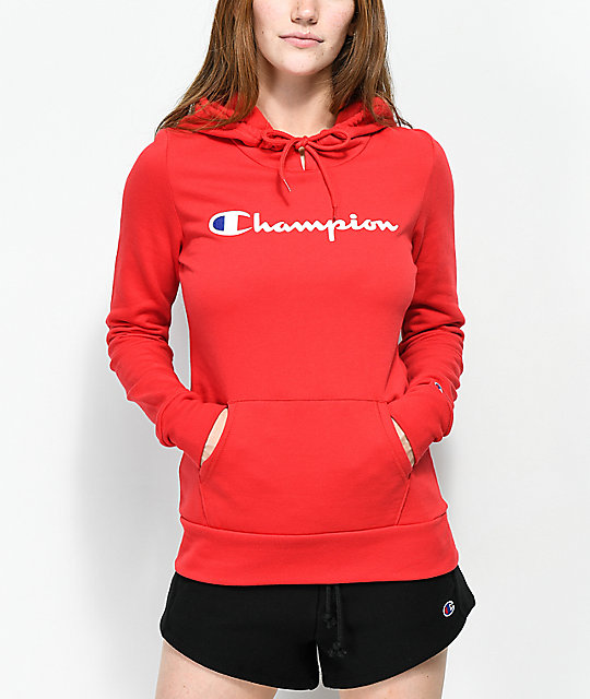 red champion logo hoodie