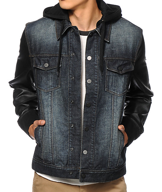 Dravus Edgewood Dirty Denim Jacket - Denim Jacket With Leather Sleeves And Hood Dravus Edgewood Dirty Denim Jacket - Denim Jacket With Leather Sleeves And Hood