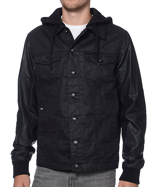Dravus Parker Black Denim Faux Leather Hooded Jacket - Denim Jacket With Leather Sleeves And Hood Dravus Parker Black Denim Faux Leather Hooded Jacket - Denim Jacket With Leather Sleeves And Hood
