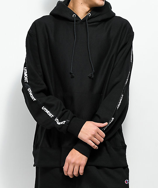 champion tape hoodie mens