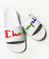 Champion Split Script White & Multi-Color Slide Sandals